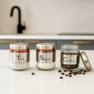 Stainless Steel Covered Tea, Sugar & Coffee 350ml Canister 3pcs Set
