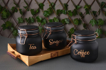 Glass Airtight tea coffee sugar containers for Kitchen Storage Container with Lid For Tea Coffee & Sugar, Dry Fruit jars, Storage Box, 900ml Set of 3 ,(BLACK)