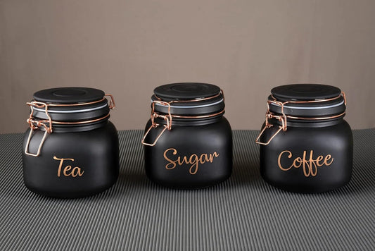 Glass Airtight tea coffee sugar containers for Kitchen Storage Container with Lid For Tea Coffee & Sugar, Dry Fruit jars, Storage Box, 900ml Set of 3 ,(BLACK)