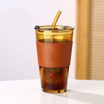 Premium Glass Coffee Mug With Glass Straw And Leather Sleeve