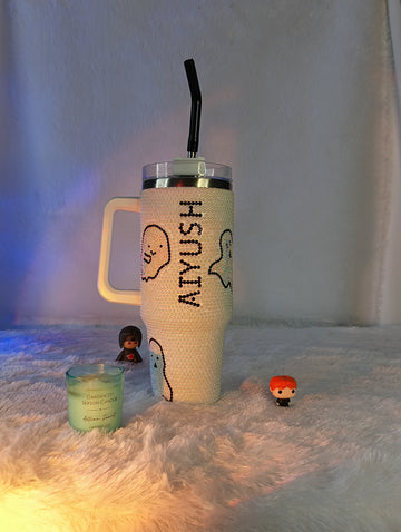 Ghost Bling Rhinestone Personalized Tumbler With Straw