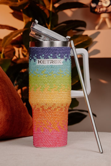 Sparkle Rainbow Pearl Rhinestone Customized Tumbler With Handle & Straw