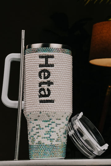Pearl Rhinestone Tumbler 40oz – Custom Name Luxury Bling Cup With Handle, Straw & Lid