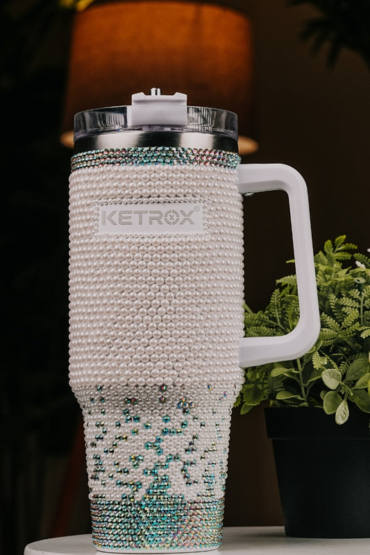 Pearl Rhinestone Tumbler 40oz – Custom Name Luxury Bling Cup With Handle, Straw & Lid